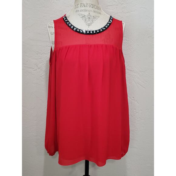Michael Kors Red Long Sleeve Cold Shoulder Beaded Crew Neck Blouse Shirt Top - Picture 2 of 10